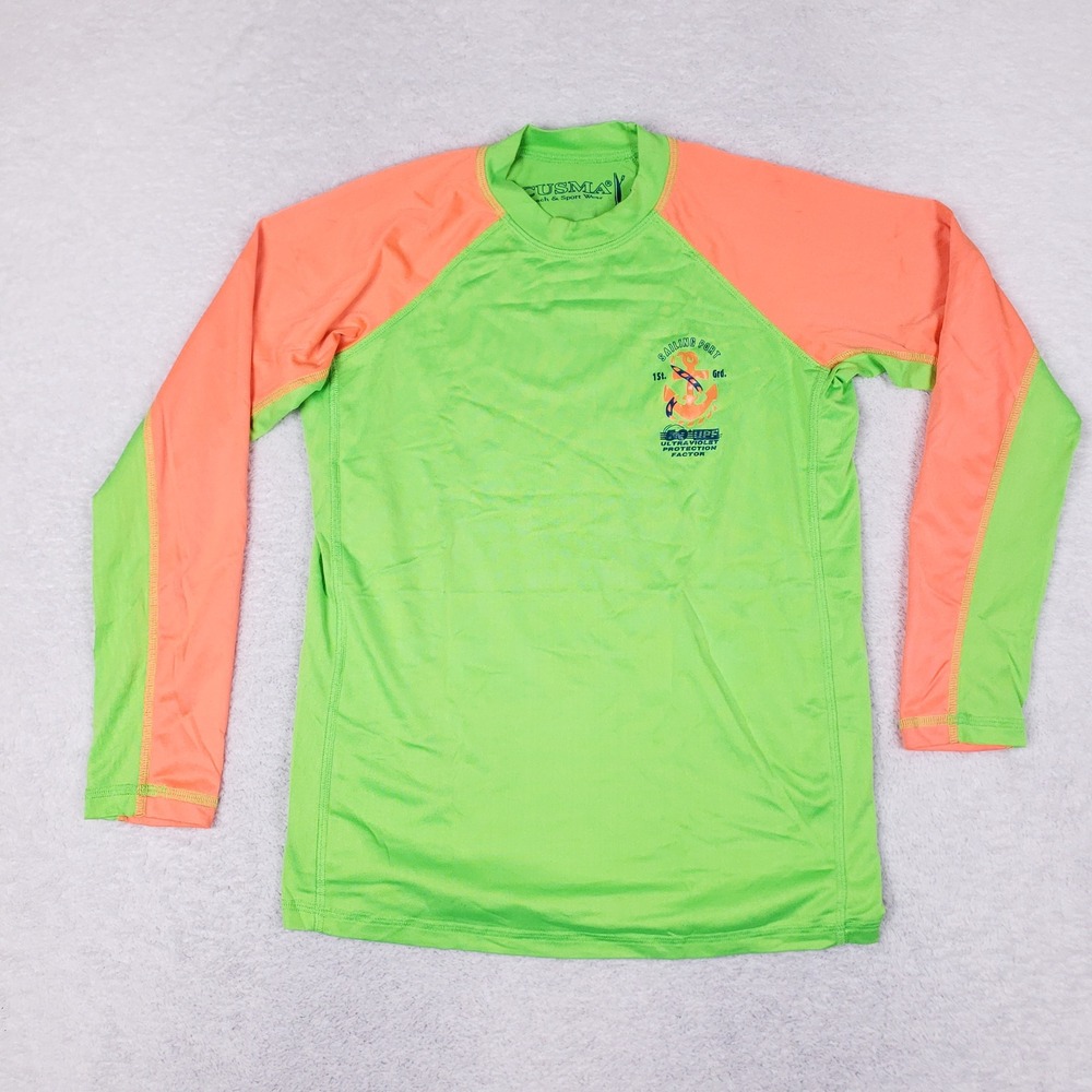 Cusma Rash Guard XG‎ Long Sleeve Neon Green Orange Anchor UPF 50 Y2K Surf